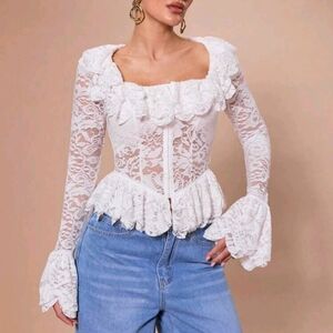 Women's Lace Patchwork Long Sleeve Blouse, Elegant, Sweet & Romantic